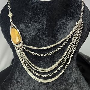 Asemetrical Necklace Large Tiger Eye Style Pendant Mixed Link silver Layers